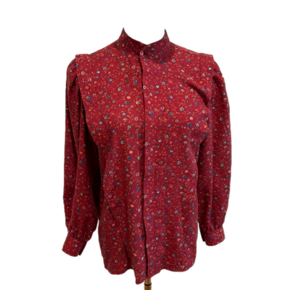 70s PRAIRIE RED FLORAL COTTAGECORE BLOUSE BISHOP SLEEVES & BOX PLEATS HANDMADE - Picture 6 of 11